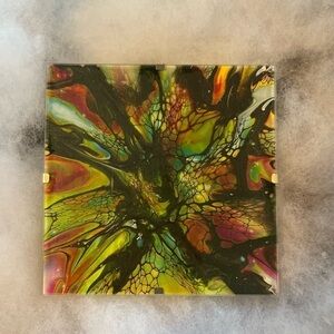 5” square hand painted acrylic painting in glass frame. Unique!